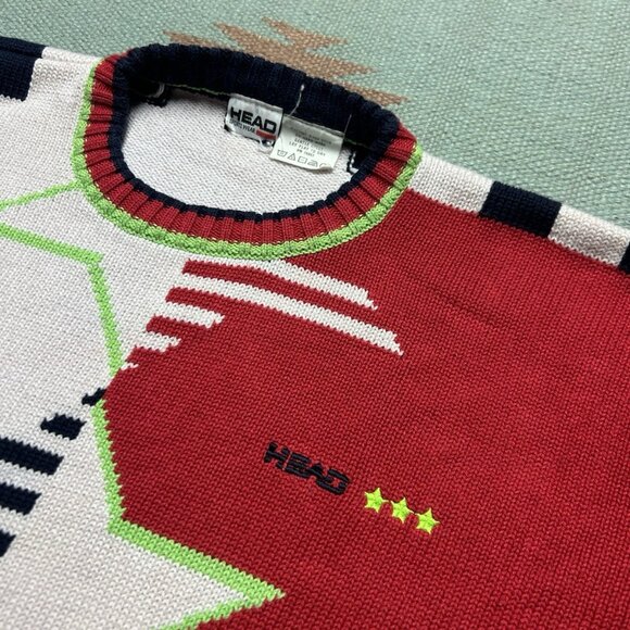 Vintage 80s head sportswear knit sweater ski snow cotton stars boxy medium - Picture 6 of 9